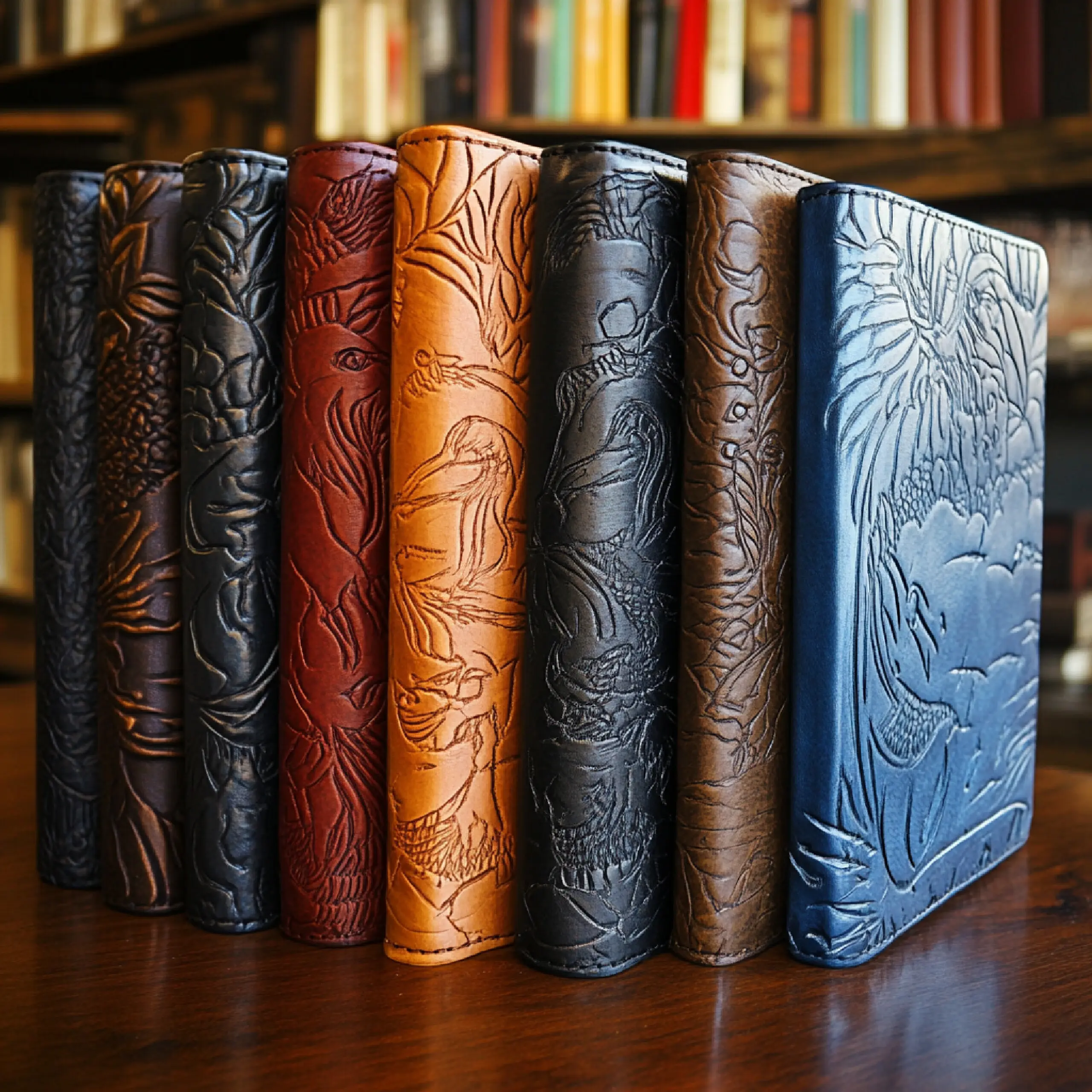 Ledergebundene Notizbücher mit geprägten Motiven