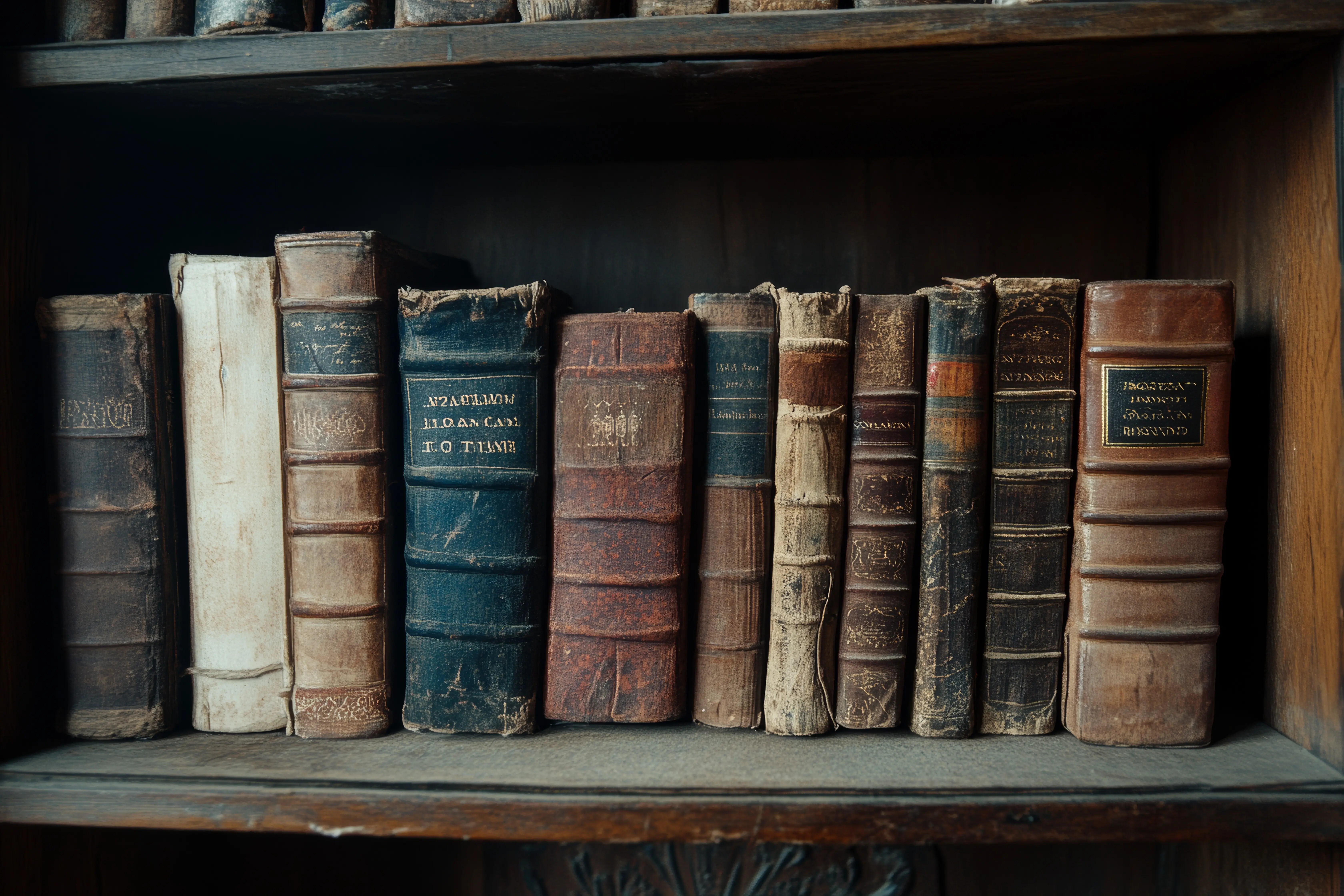 Elegant auf einem Regal präsentierte Vintage-Bücher in einer fesselnden Fotografie, die eine nostalgische Szene entstehen lässt.