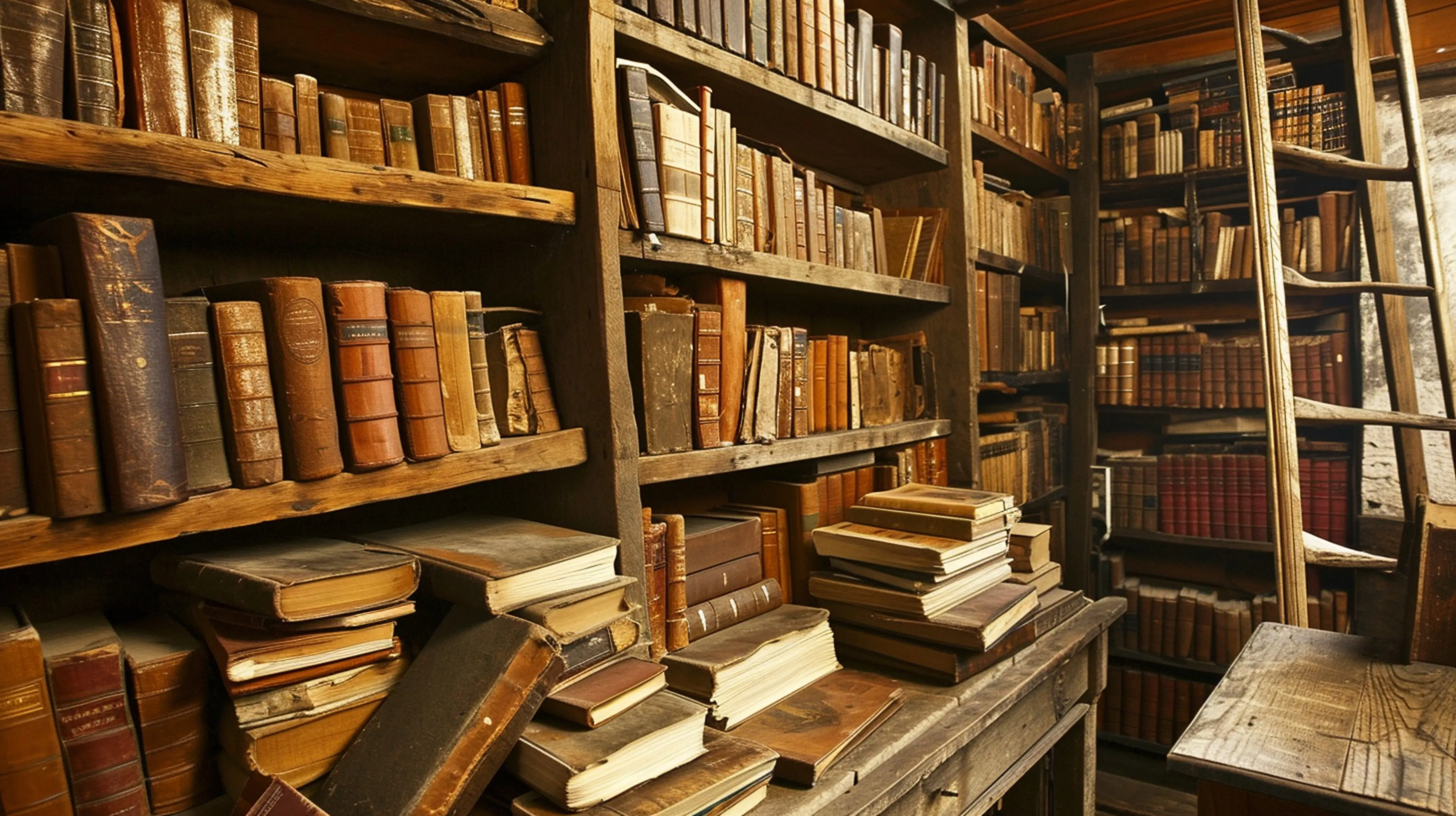 Ein mittelalterlicher Raum voller antiker Bücher und ein rustikales Bücherregal, das Geschichte heraufbeschwört; Generative KI.