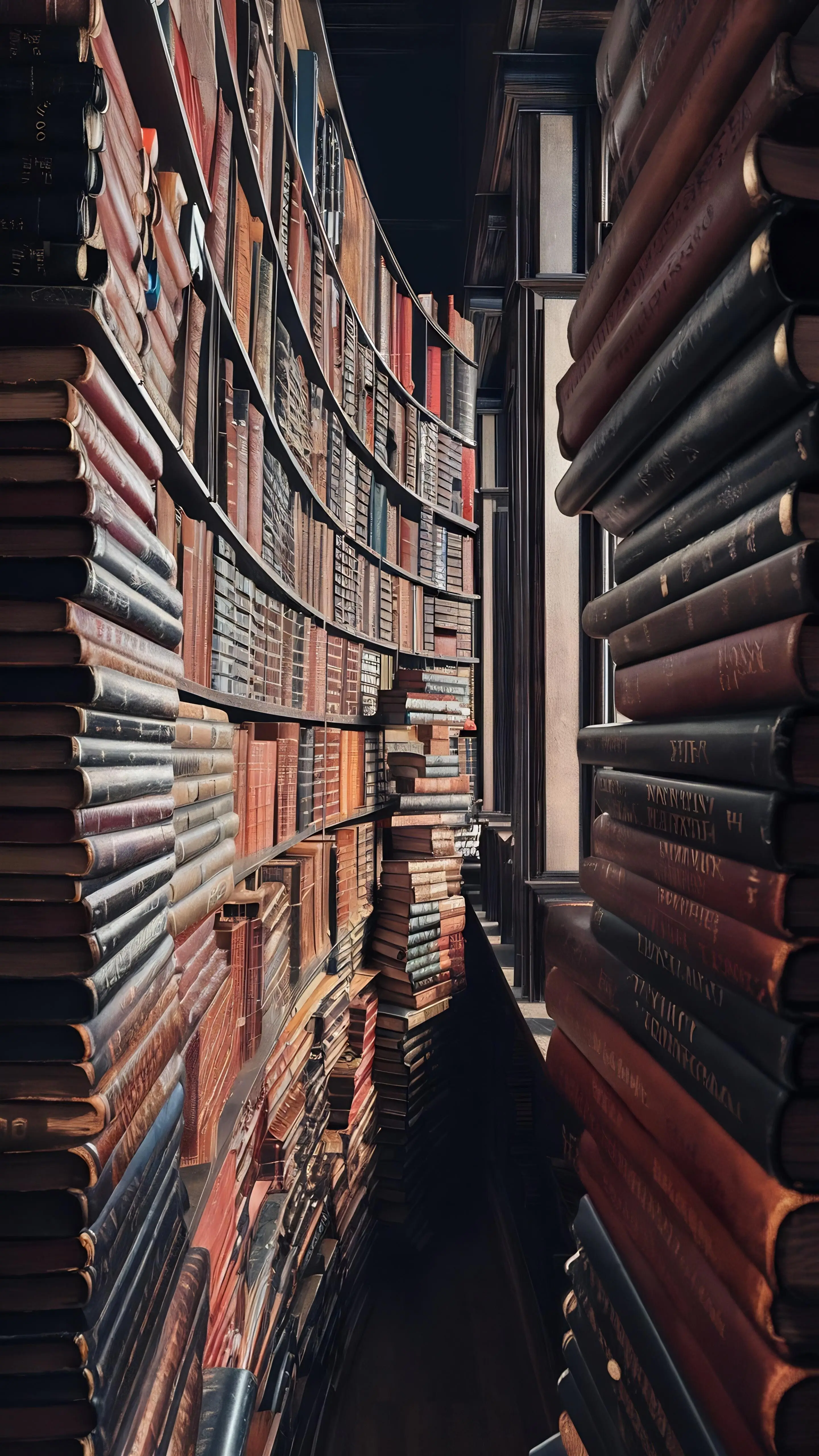 Auf hölzernen Regalen gestapelte alte Lehrbücher, generiert von