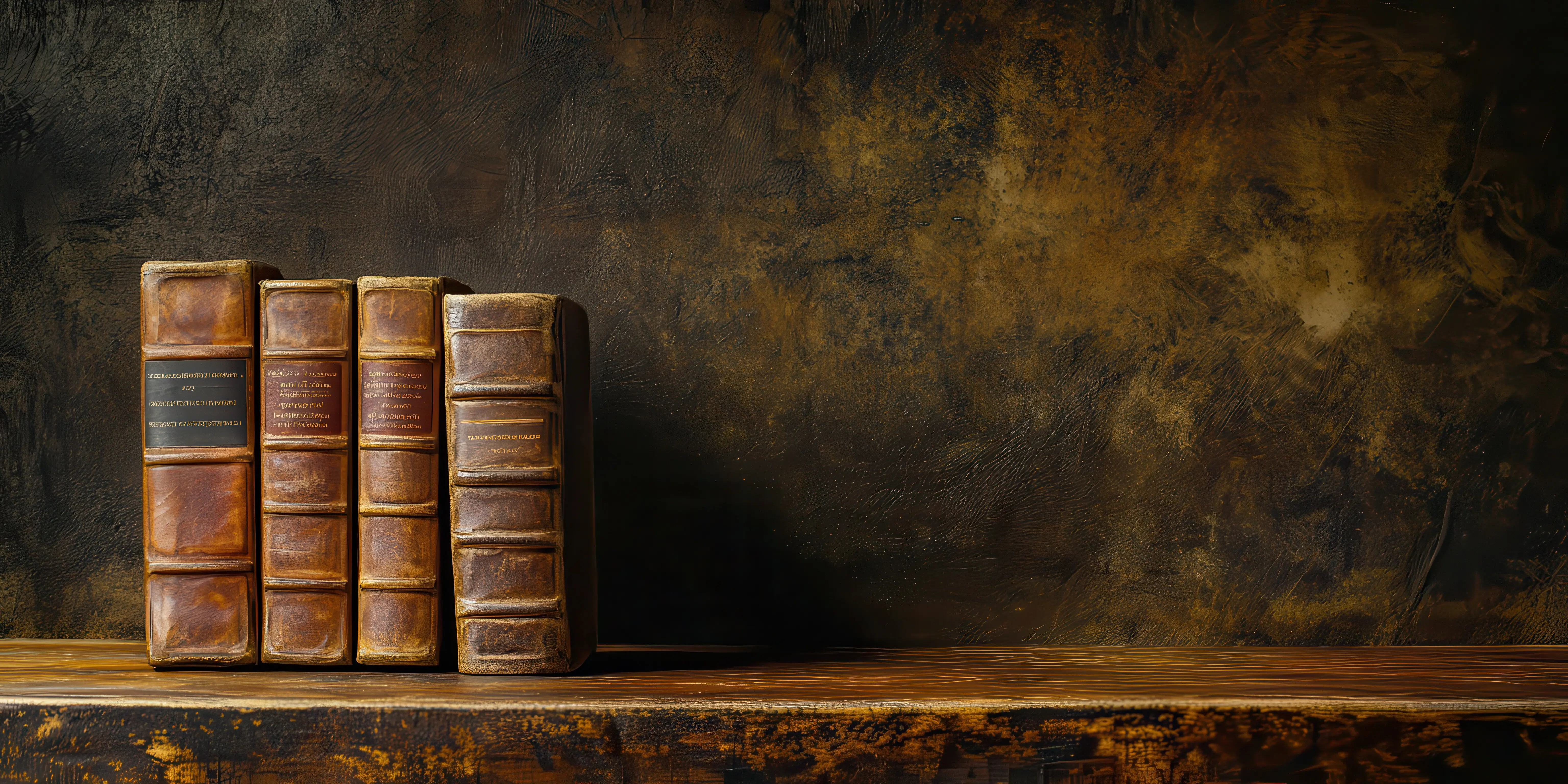 Eine rustikale Sammlung aus Vintage-Büchern ruht auf einem Holzregal vor einer strukturierten Wand und weckt Nostalgie und Wärme.