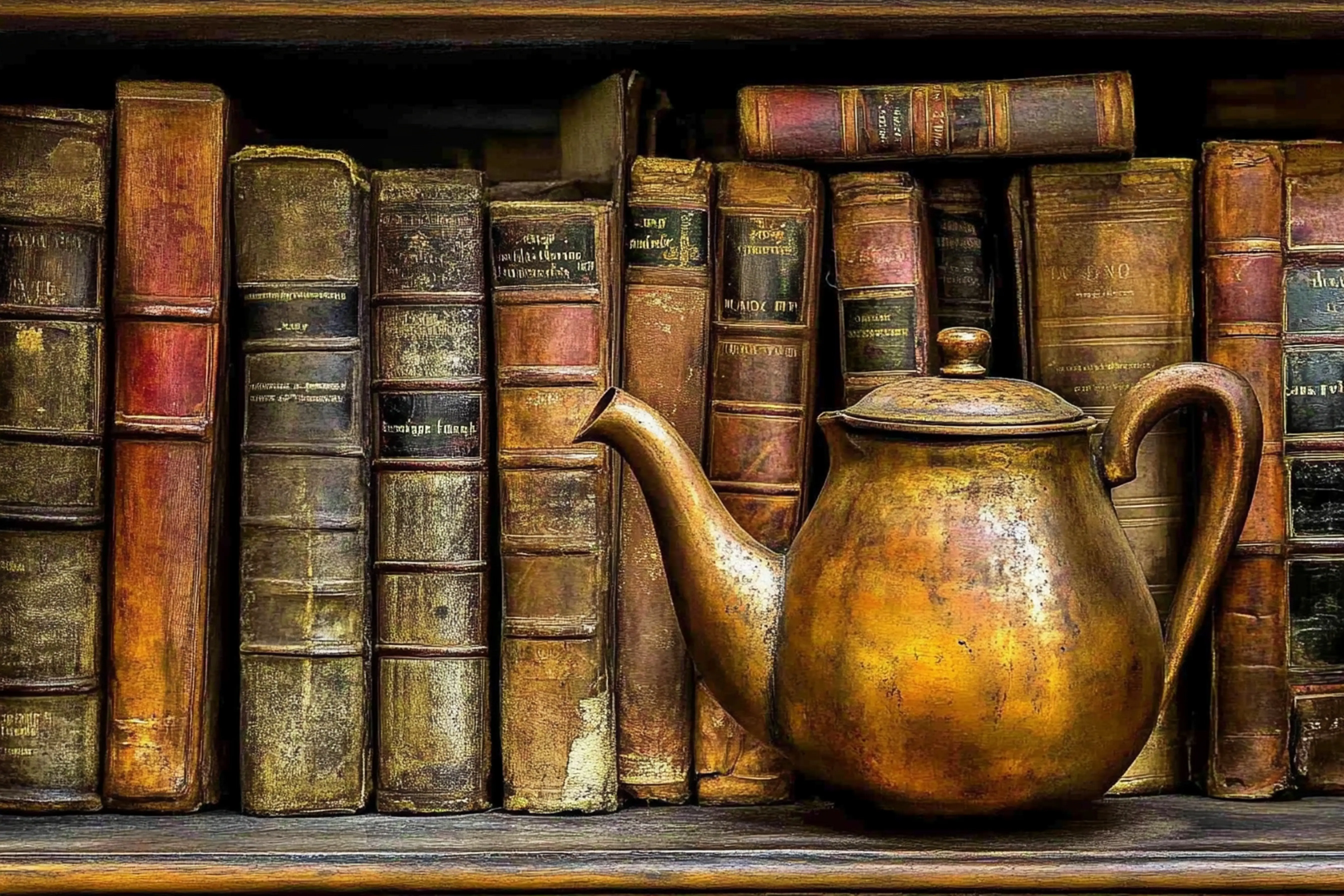 Eine antike Teekanne auf einem Bücherregal mit gemütlicher Dekoration.