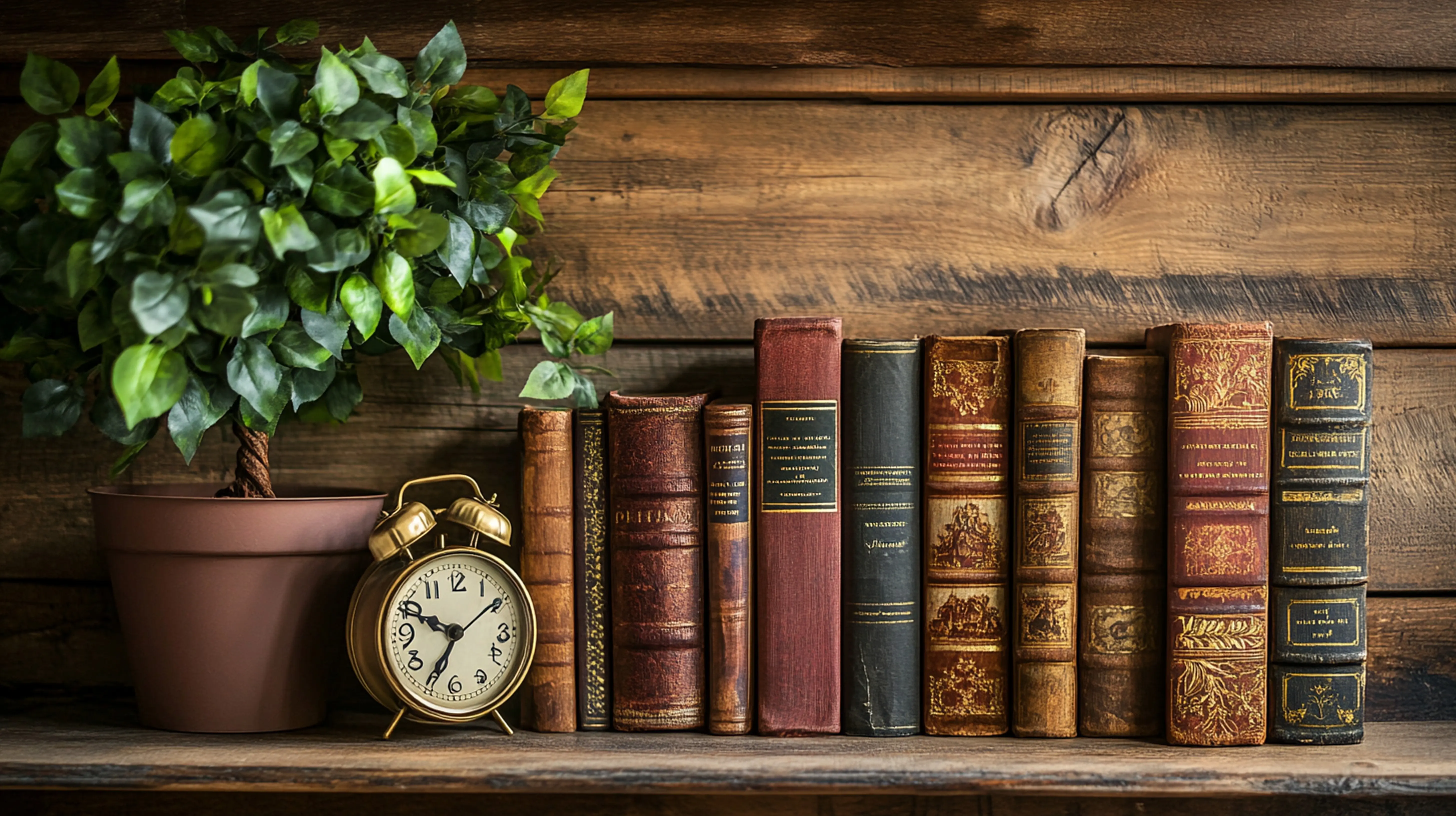 Vintage-Dekoration für das Bücherregal mit antiker Uhr, Topfpflanze und Büchern