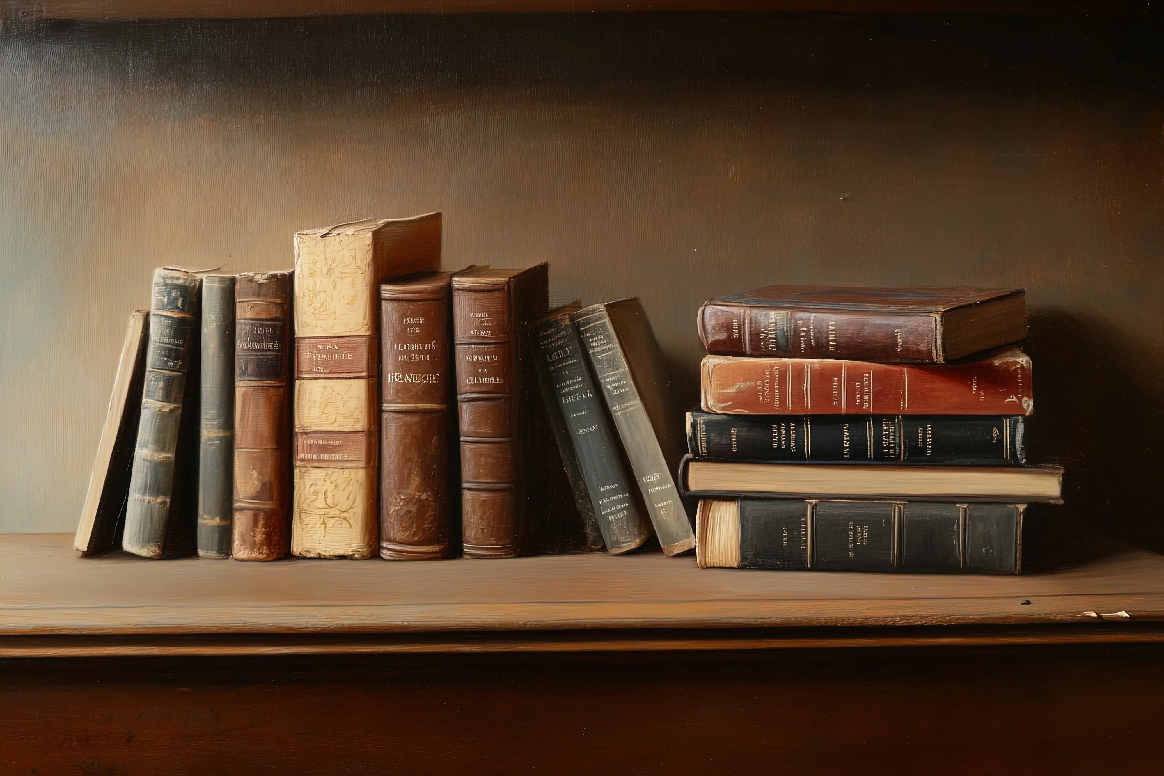 Eine Sammlung von Vintage-Büchern, ordentlich auf einem Holzregal arrangiert, in einem gemütlichen